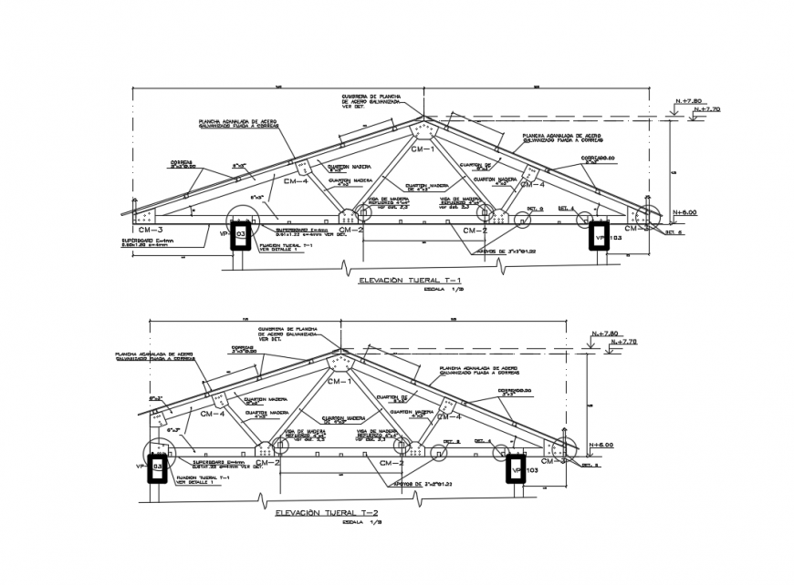 Roof of house constructive facade and back sectional view details dwg file