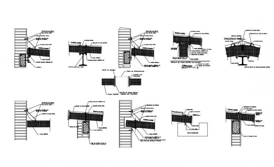 Roof panels sections and construction cad drawing details dwg file