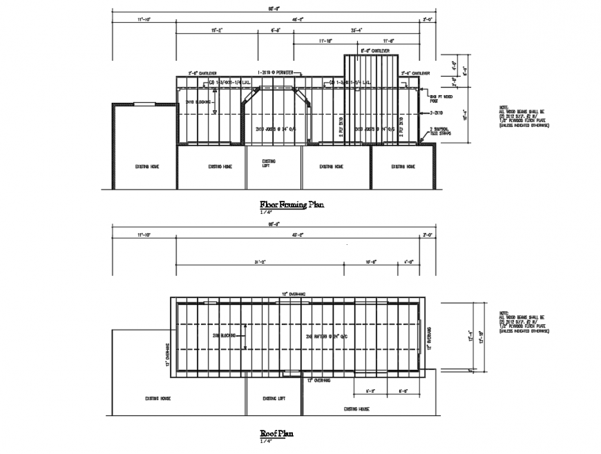 Roof plan and floor framing plan details of house dwg file