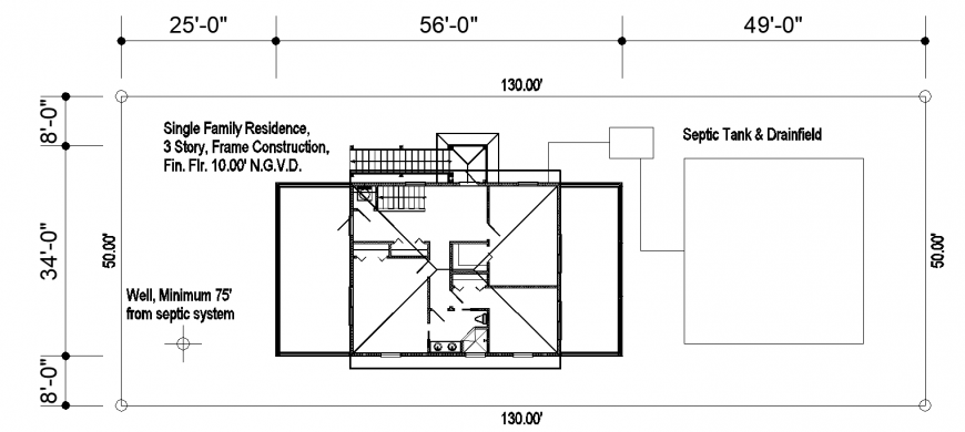 Roof plan of single-family residence in dwg file.