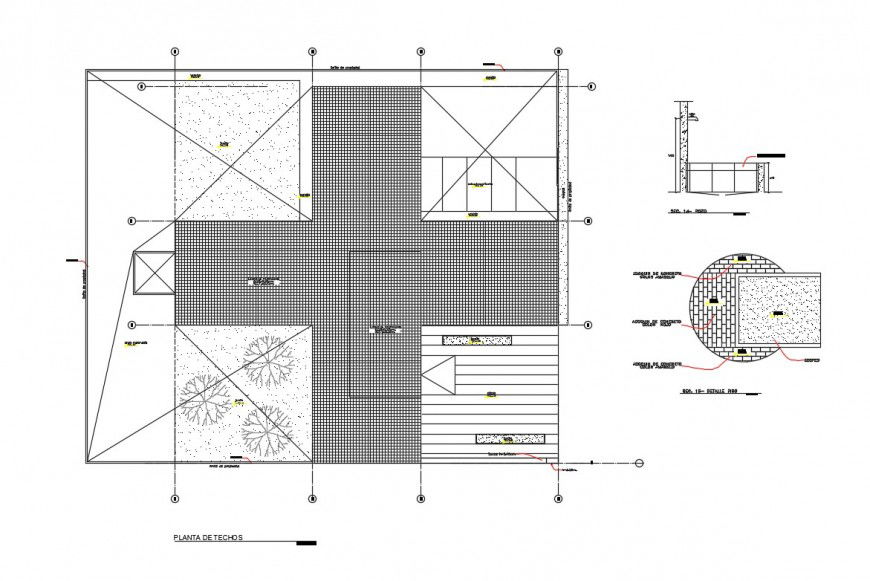 Roof plan structure and construction details of hospital building dwg file