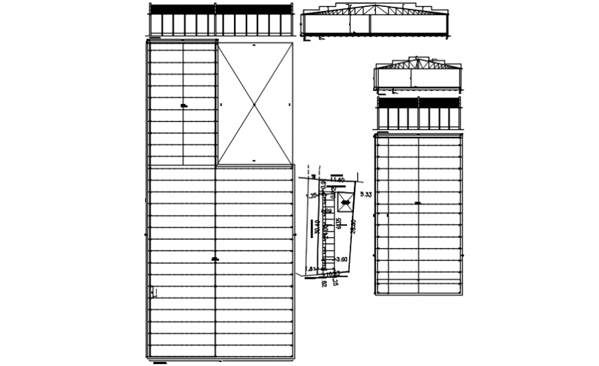 Roof section, cover plan and structure details for building dwg file
