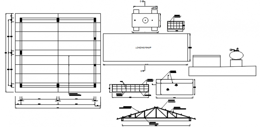 Roof section, loading ramp and structure details for generator house dwg file