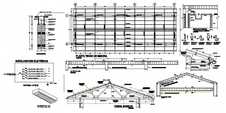 Roof section, plan, cover plan and structure details for classrooms dwg file