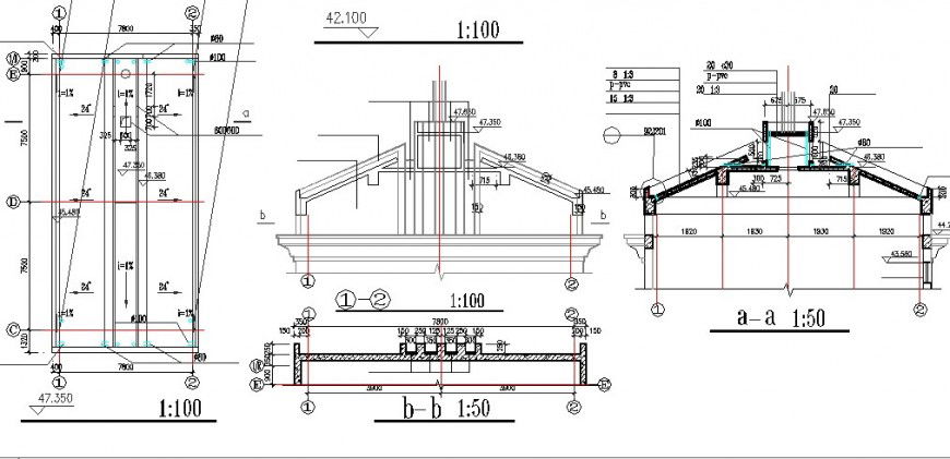 Roof section, plan and constructive structure cad drawing details dwg file