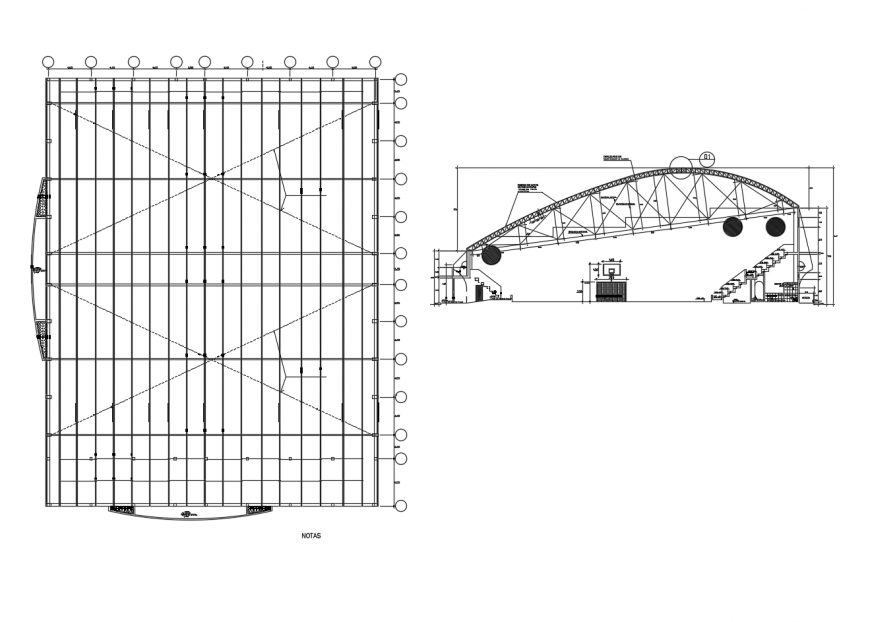 Roof section, structure and construction details for corporate building dwg file