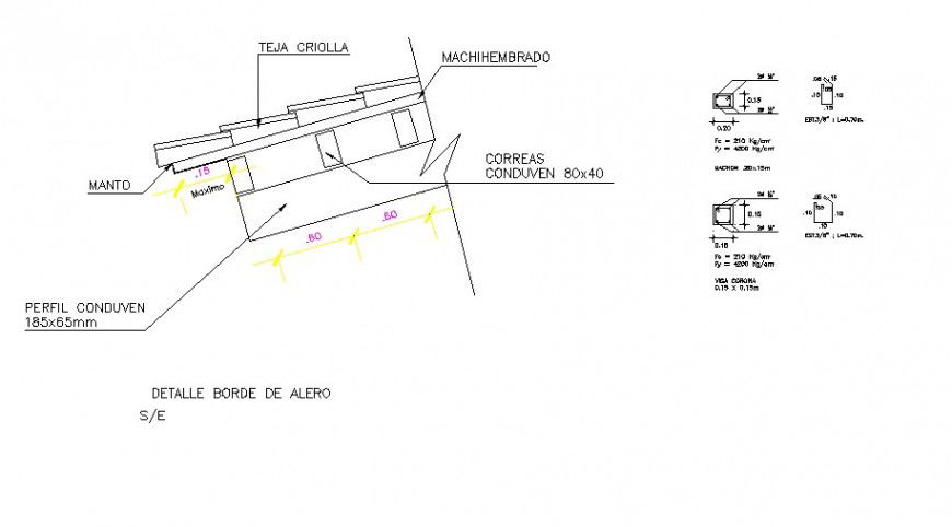 Roof section, structure and construction details with column dwg file