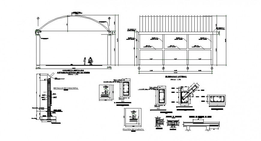 Roof section and construction details with column for school dwg file