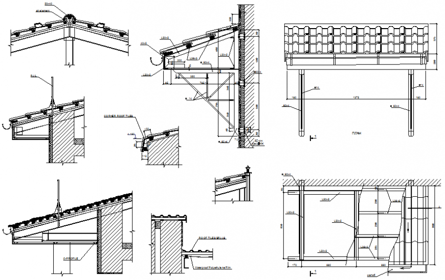 Roof section and construction details with roof tile dwg file