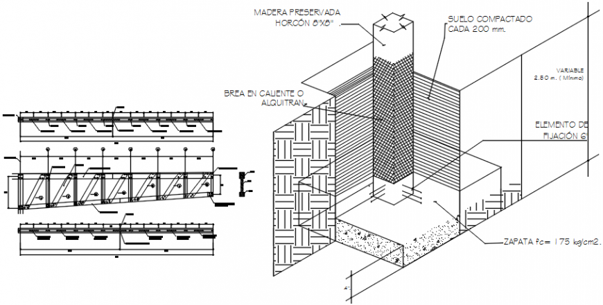 Roof section and construction details with support wall dwg file