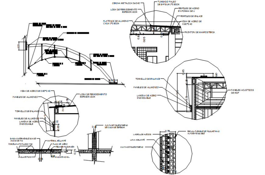 Roof section and constructive structure details for theater dwg file