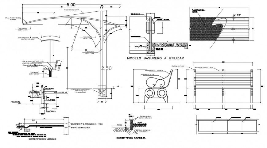 Roof section and constructive structure details with beam and column dwg file