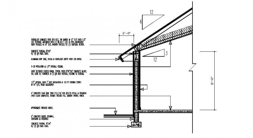 Roof section and wall 2d view construction drawing in dwg format