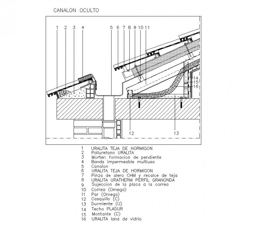 Roof section structural block detail 2d view layout file in Autocad format