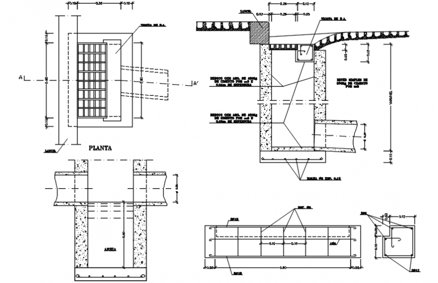 Roof section with drain section, construction and plumbing details dwg file