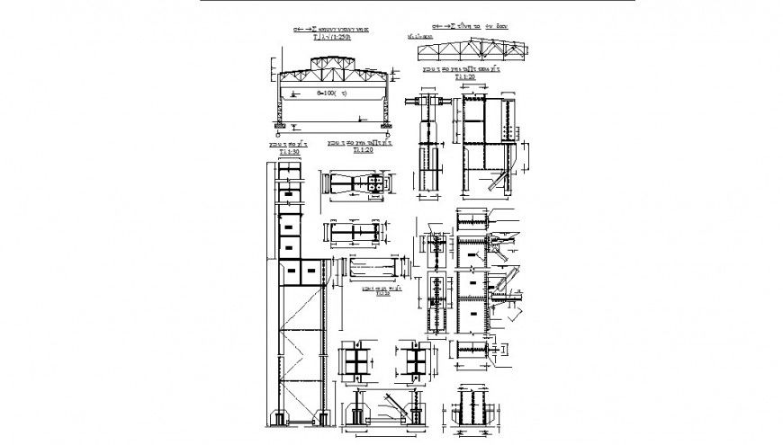 Roof sections, walls and constructive structure cad drawing details dwg file