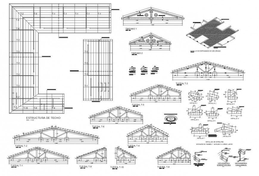 Roof sections and constructive structure details of college building dwg file