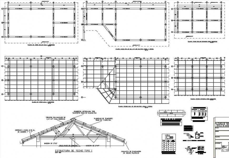 Roof structure, cover plan and construction details of school building dwg file