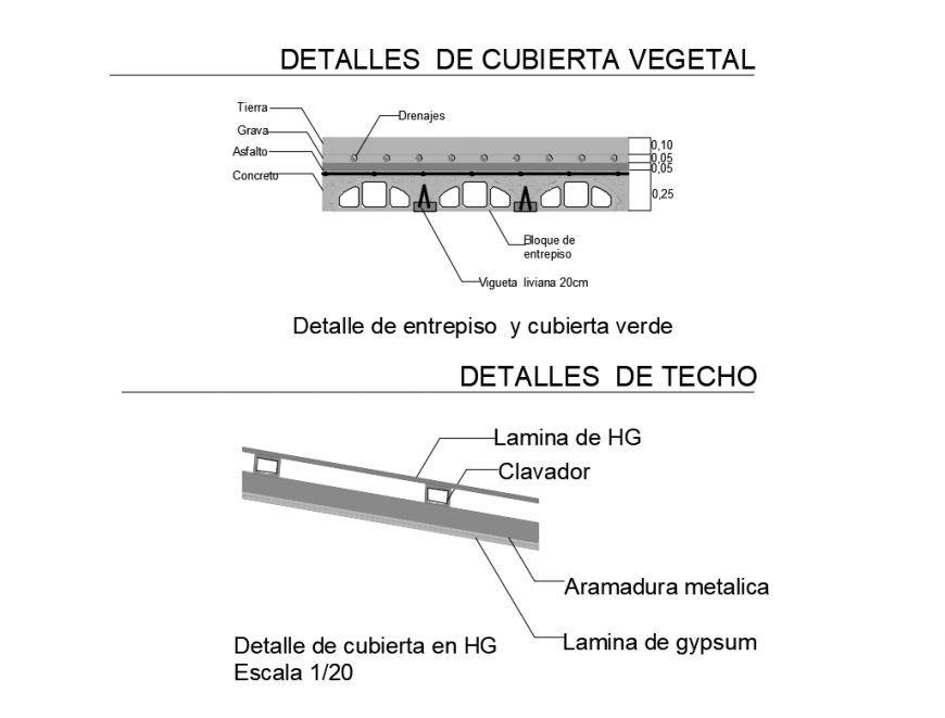 Roof structure details with mezzanine and green cover dwg file
