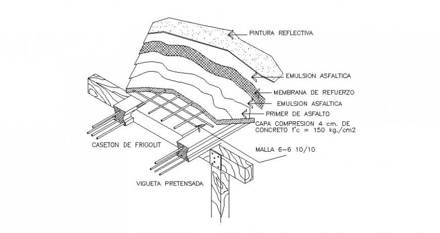 Roof structure with water proofing cad drawing details dwg file