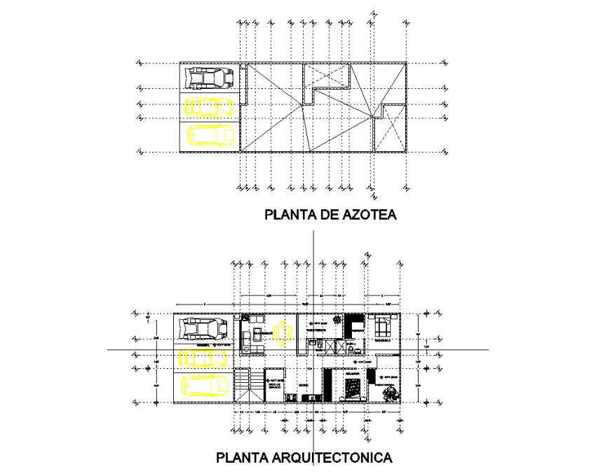 Roof top and architecture layout plan details of single flooring house dwg file