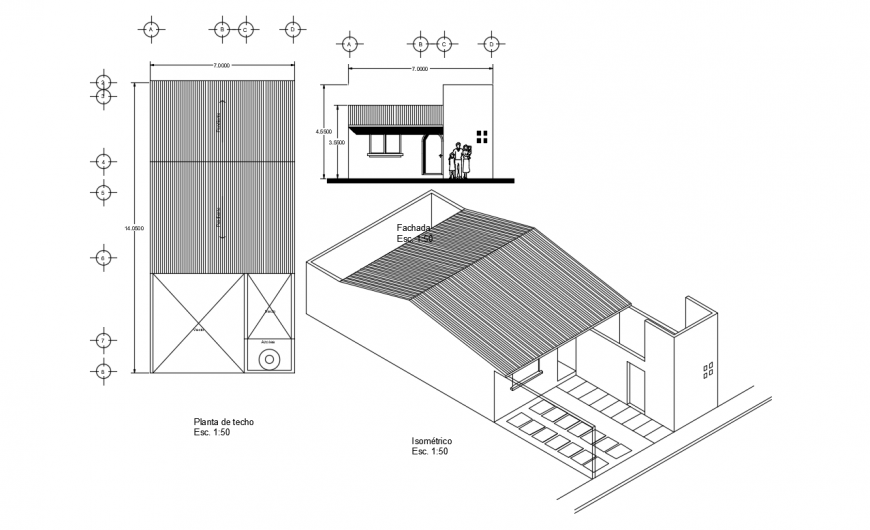 Roof top view plan and elevation of a building etc