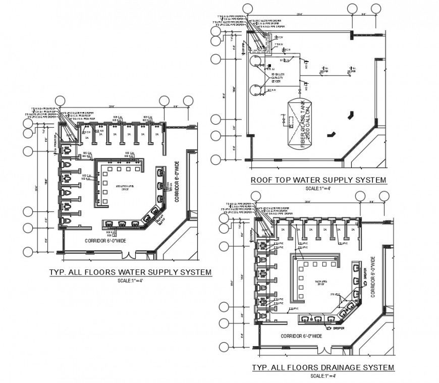 Roof top water supply system autocad file