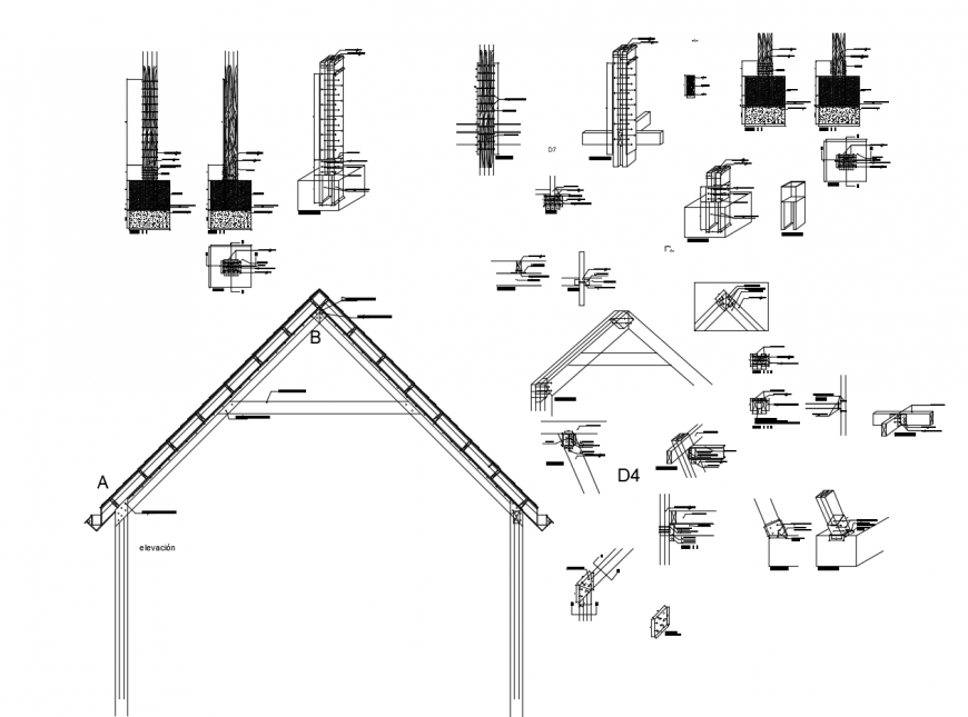 Roof truss detail 2d view CAD construction unit dwg file