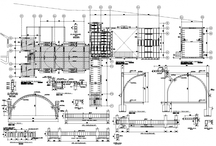 Roof type shell plan, elevation and section detail dwg file