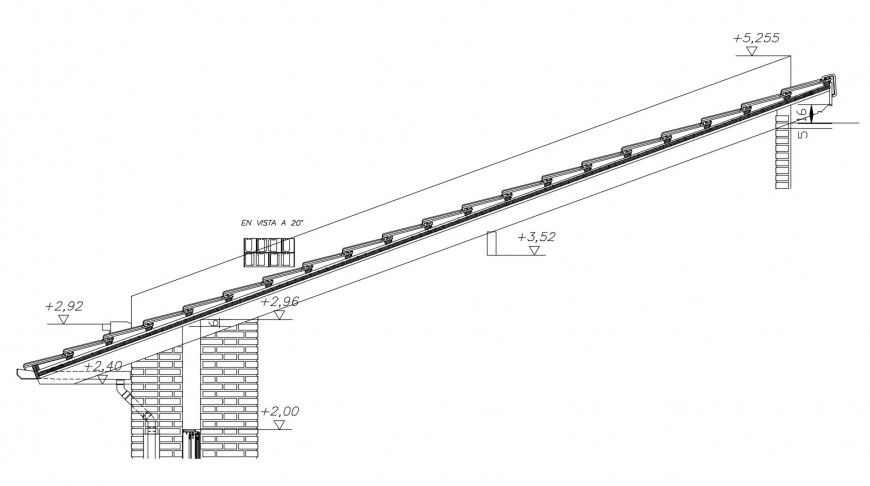 Roof with tiles and wall support construction in auto cad