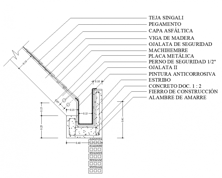 Roofing section detail 2d view layout autocad file