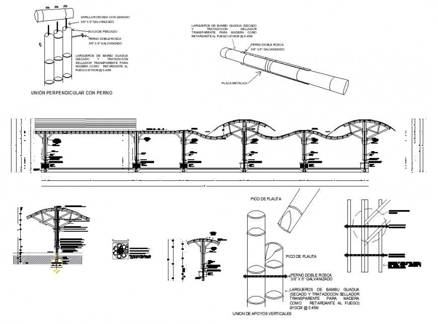 Roofing shade structure detail 2d view CAD constructive block layout dwg file