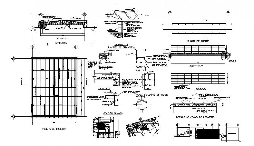 Roofing shade structure details 2d view construction units dwg file