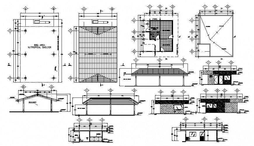 Roofing shade structure plan and elevation details in autocad
