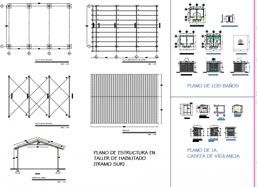 Roofing structure and sanitary toilet block detail 2d view layout file in dwg format