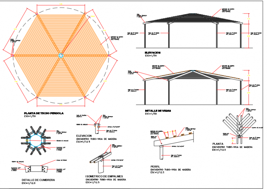 Roofing structure detail 2d view layout plan and elevation autocad file