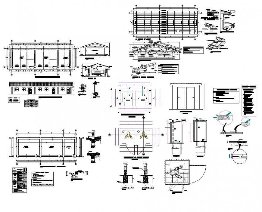Roofing structure detail plan and sectional 2d view layout file in dwg format