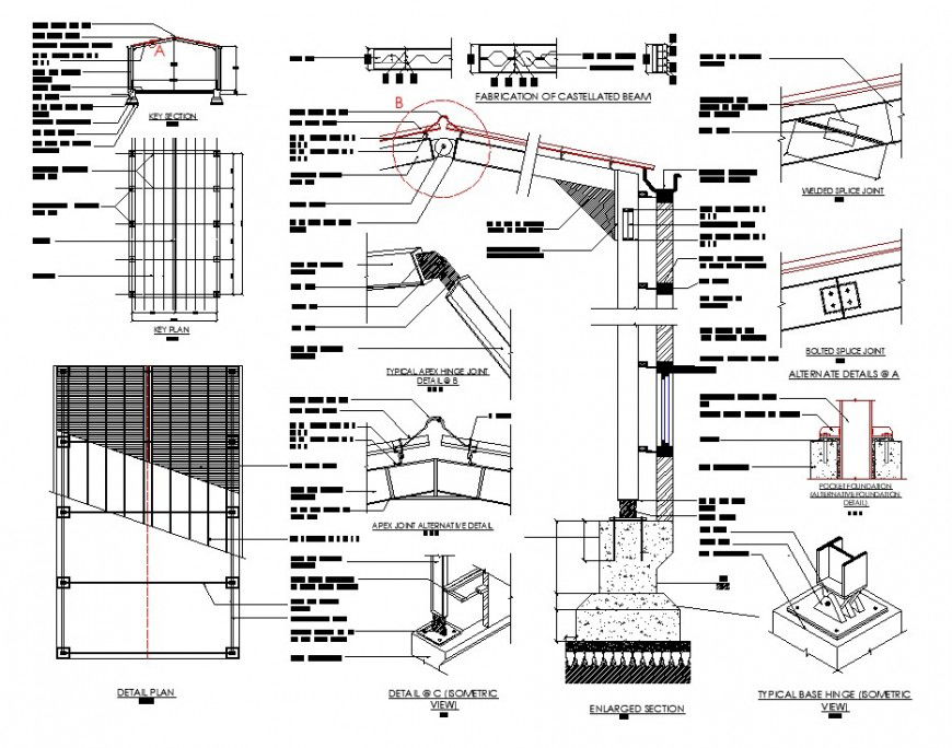 Roofing structure detail plan and sectional block 2d view autocad file