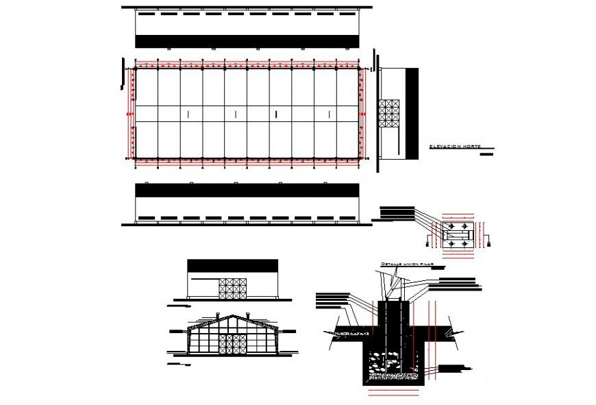 Roofing structure plan and foundation detail 2d view CAD block autocad file