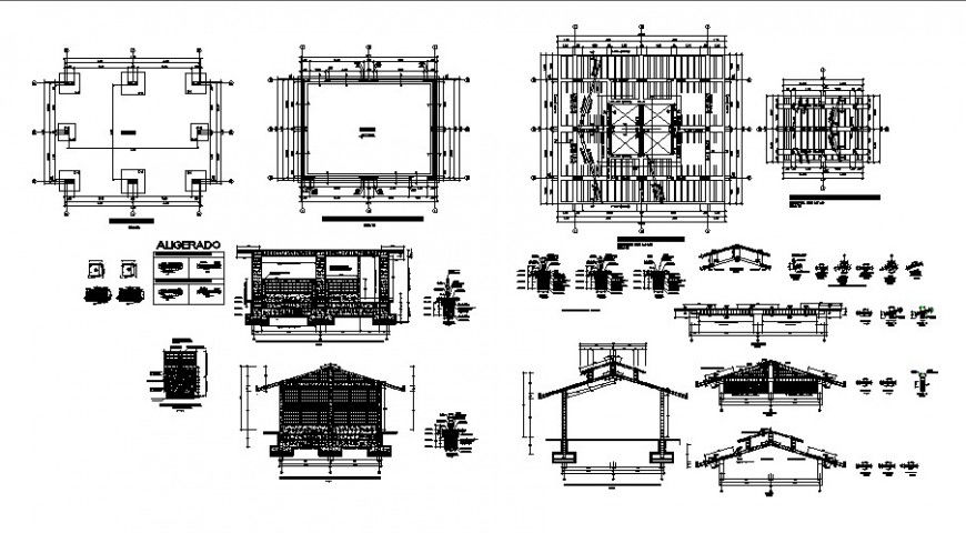 Roofing structure plan and sectional drawings details in autocad