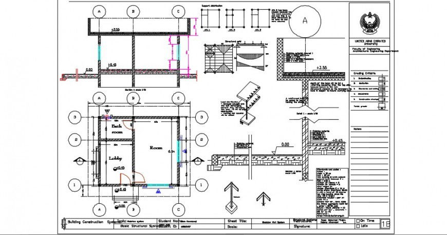 Room construction top view plan with structure sectional detail dwg file