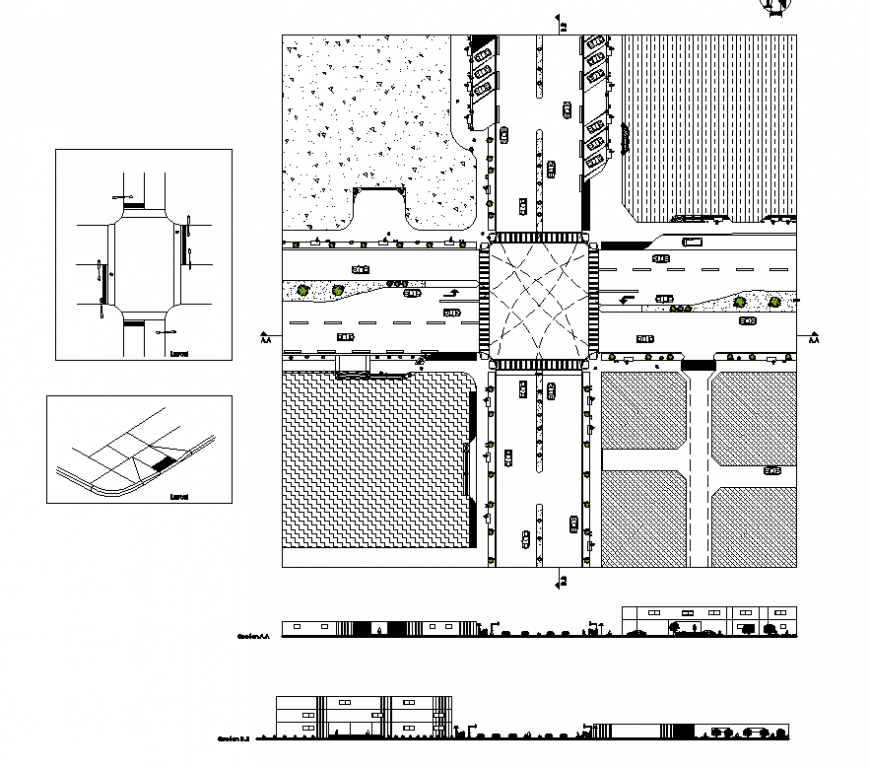Rotary circle detail 2 lane road elevation and plan autocad file