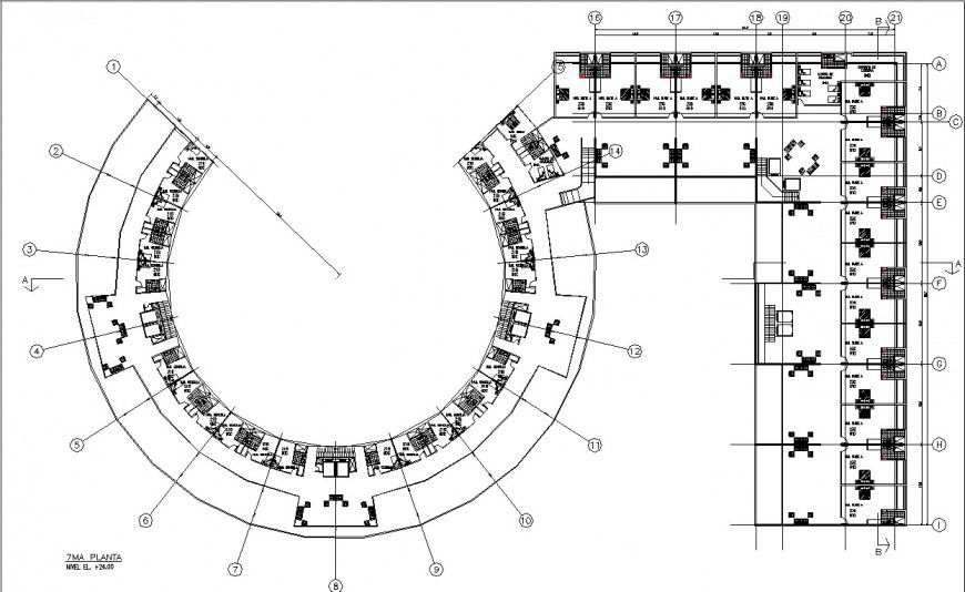 Round hotel furniture layout plan in dwg AutoCAD file.