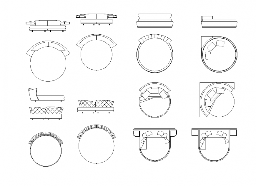 Round Shape Beds AutoCAD File with Furniture Elevation Layout