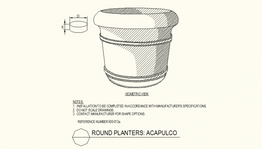 Round shaped pot detail dwg file