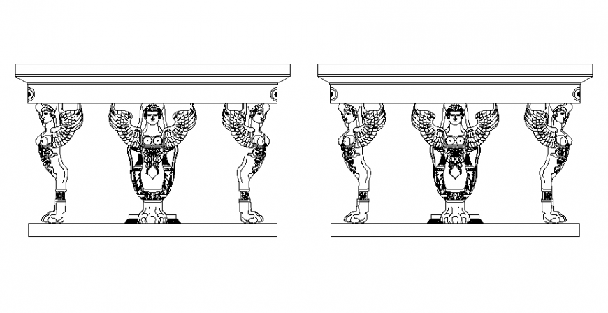 Round table with people sculpture all sided elevation block details dwg file