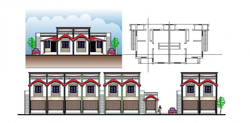 Row house elevation with its simple layout in AutoCAD file