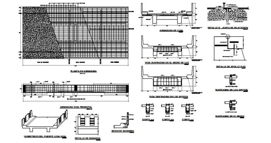 Rural bridge all sided section, plan and constructive structure details dwg file