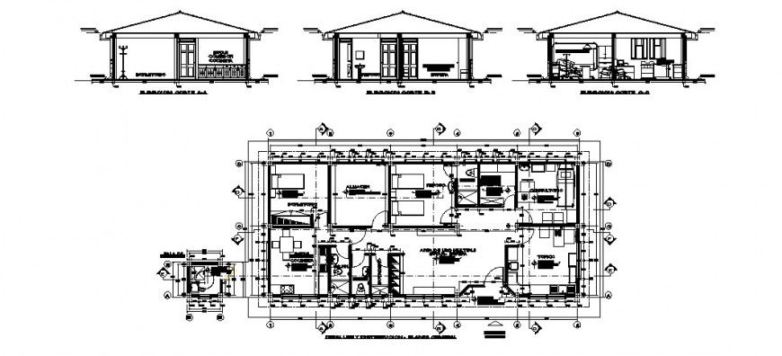 Rural clinic all sided section and layout plan cad drawing details dwg file