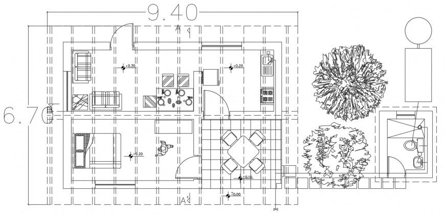 Rural house distribution plan with furniture layout drawing details dwg file